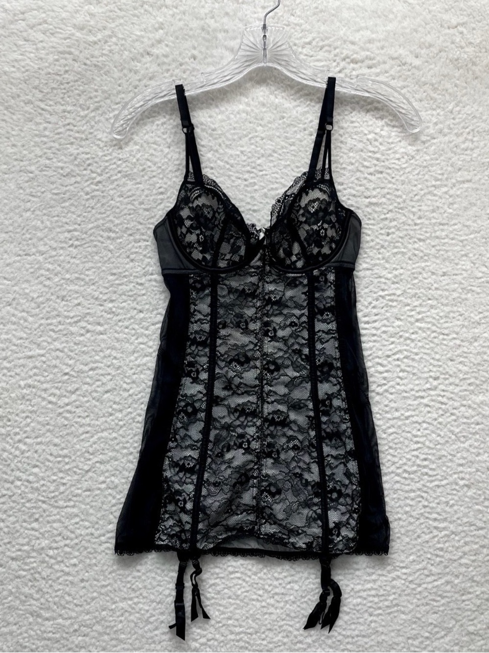 Victoria Secret Black Lace Bustier Slip Corset Chemise with Garters 34C